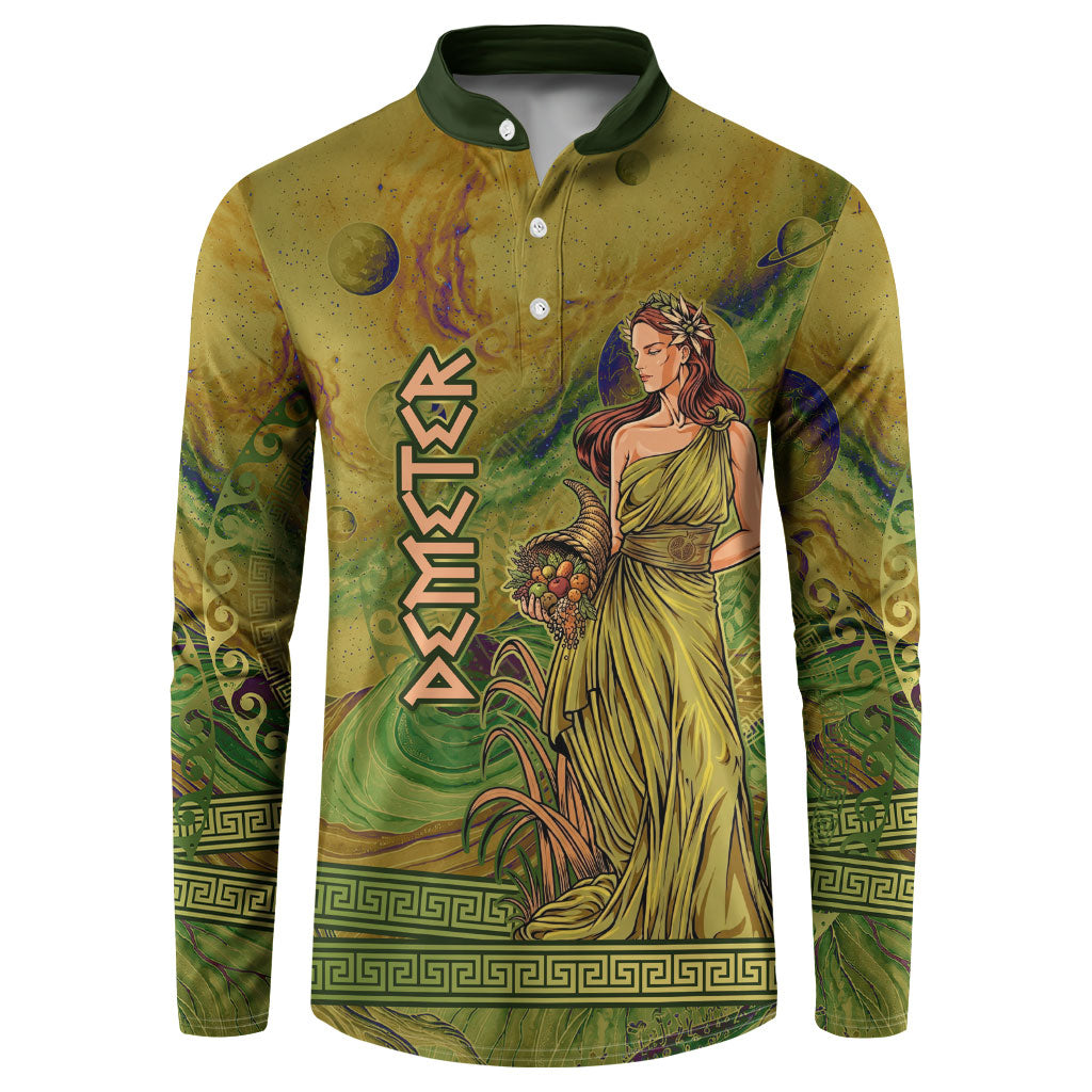 Demeter Goddess Of Spring Button Sweatshirt Olive Green Gold Greek Key Pattern Cornucopia
