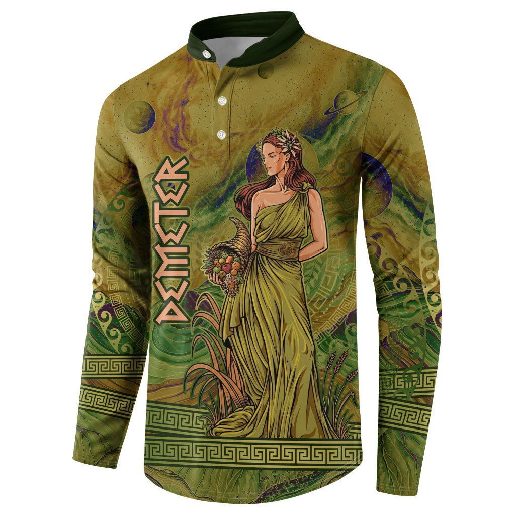 Demeter Goddess Of Spring Button Sweatshirt Olive Green Gold Greek Key Pattern Cornucopia