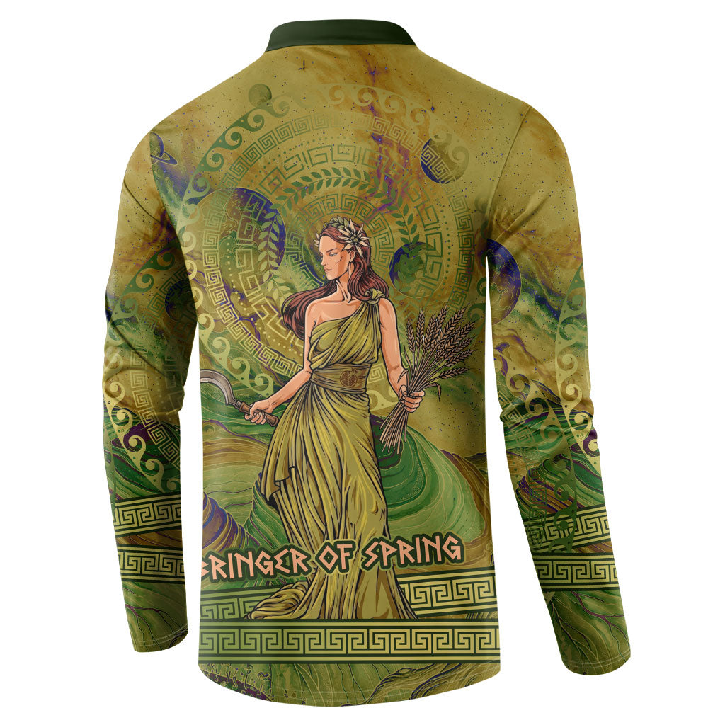 Demeter Goddess Of Spring Button Sweatshirt Olive Green Gold Greek Key Pattern Cornucopia