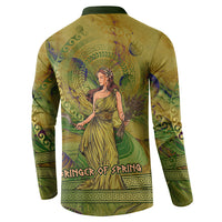 Demeter Goddess Of Spring Button Sweatshirt Olive Green Gold Greek Key Pattern Cornucopia