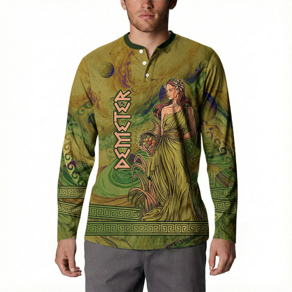 Demeter Goddess Of Spring Button Sweatshirt Olive Green Gold Greek Key Pattern Cornucopia