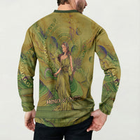 Demeter Goddess Of Spring Button Sweatshirt Olive Green Gold Greek Key Pattern Cornucopia