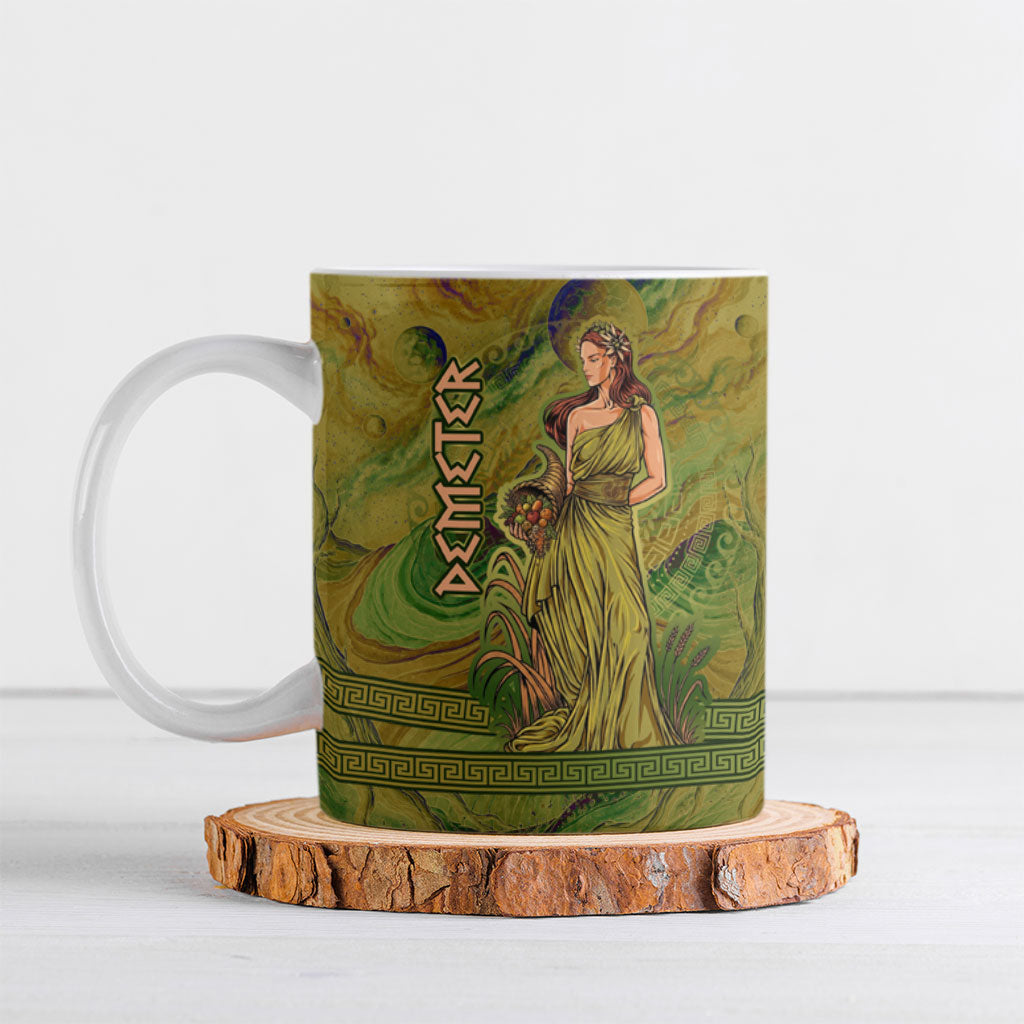 Demeter Goddess Of Spring Ceramic Mug Olive Green Gold Greek Key Pattern Cornucopia
