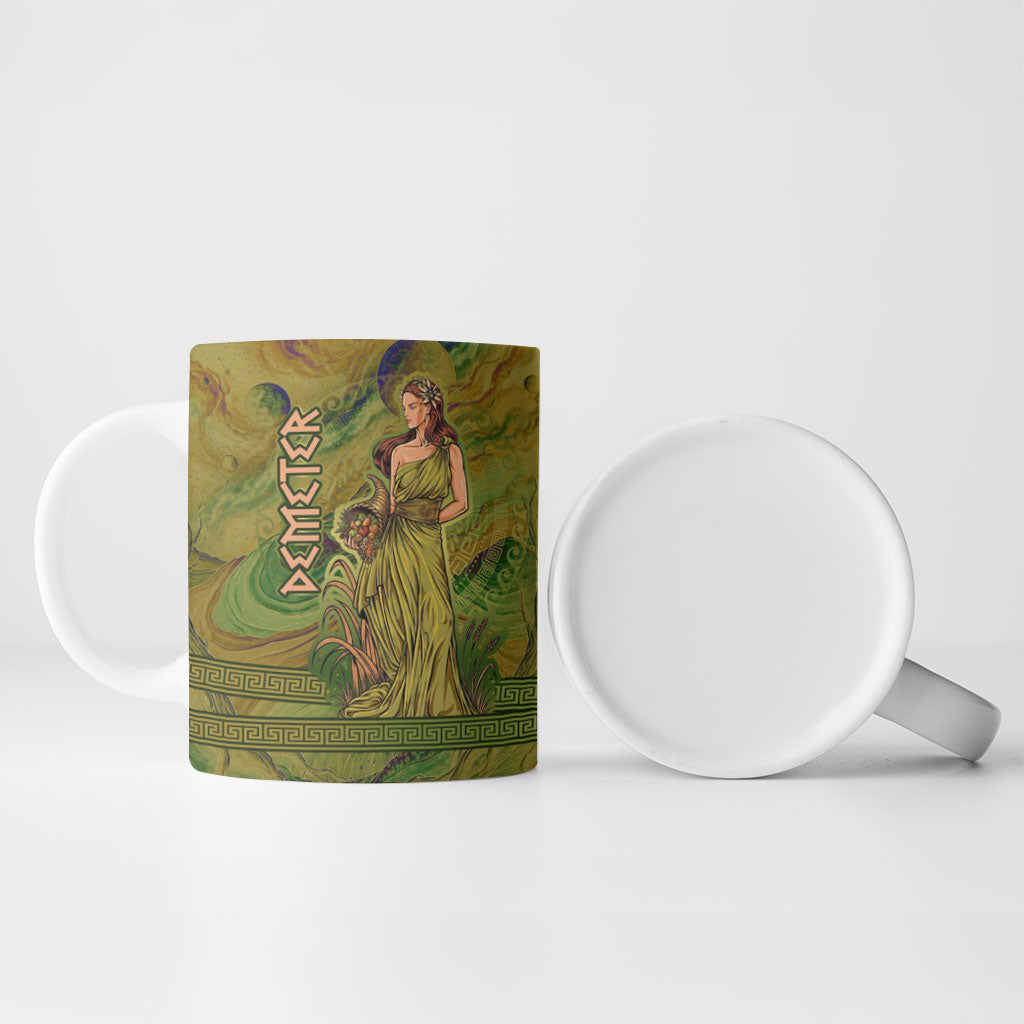 Demeter Goddess Of Spring Ceramic Mug Olive Green Gold Greek Key Pattern Cornucopia