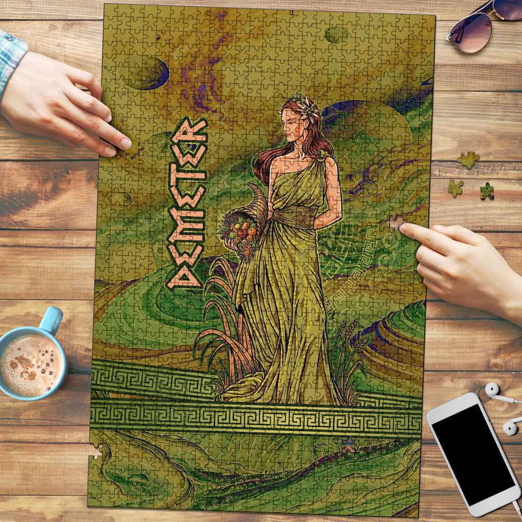 Demeter Goddess Of Spring Puzzle Olive Green Gold Greek Key Pattern Cornucopia