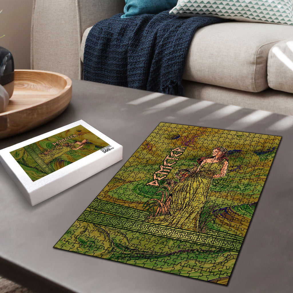 Demeter Goddess Of Spring Puzzle Olive Green Gold Greek Key Pattern Cornucopia
