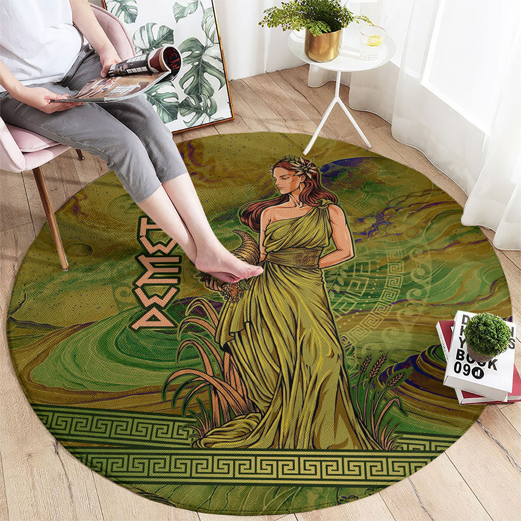 Demeter Goddess Of Spring Round Carpet Olive Green Gold Greek Key Pattern Cornucopia