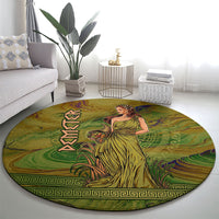 Demeter Goddess Of Spring Round Carpet Olive Green Gold Greek Key Pattern Cornucopia