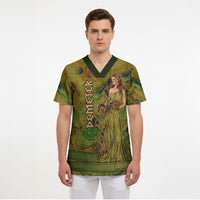 Demeter Goddess Of Spring Scrub Top Olive Green Gold Greek Key Pattern Cornucopia