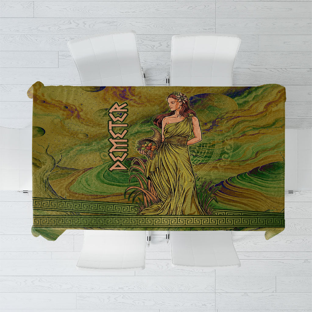 Demeter Goddess Of Spring Tablecloth Olive Green Gold Greek Key Pattern Cornucopia