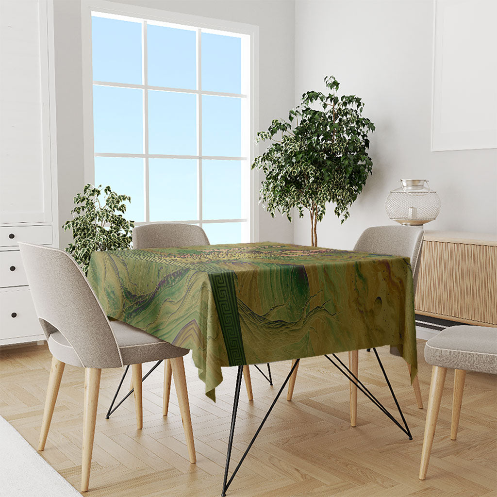 Demeter Goddess Of Spring Tablecloth Olive Green Gold Greek Key Pattern Cornucopia