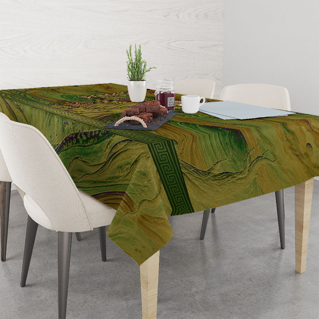 Demeter Goddess Of Spring Tablecloth Olive Green Gold Greek Key Pattern Cornucopia