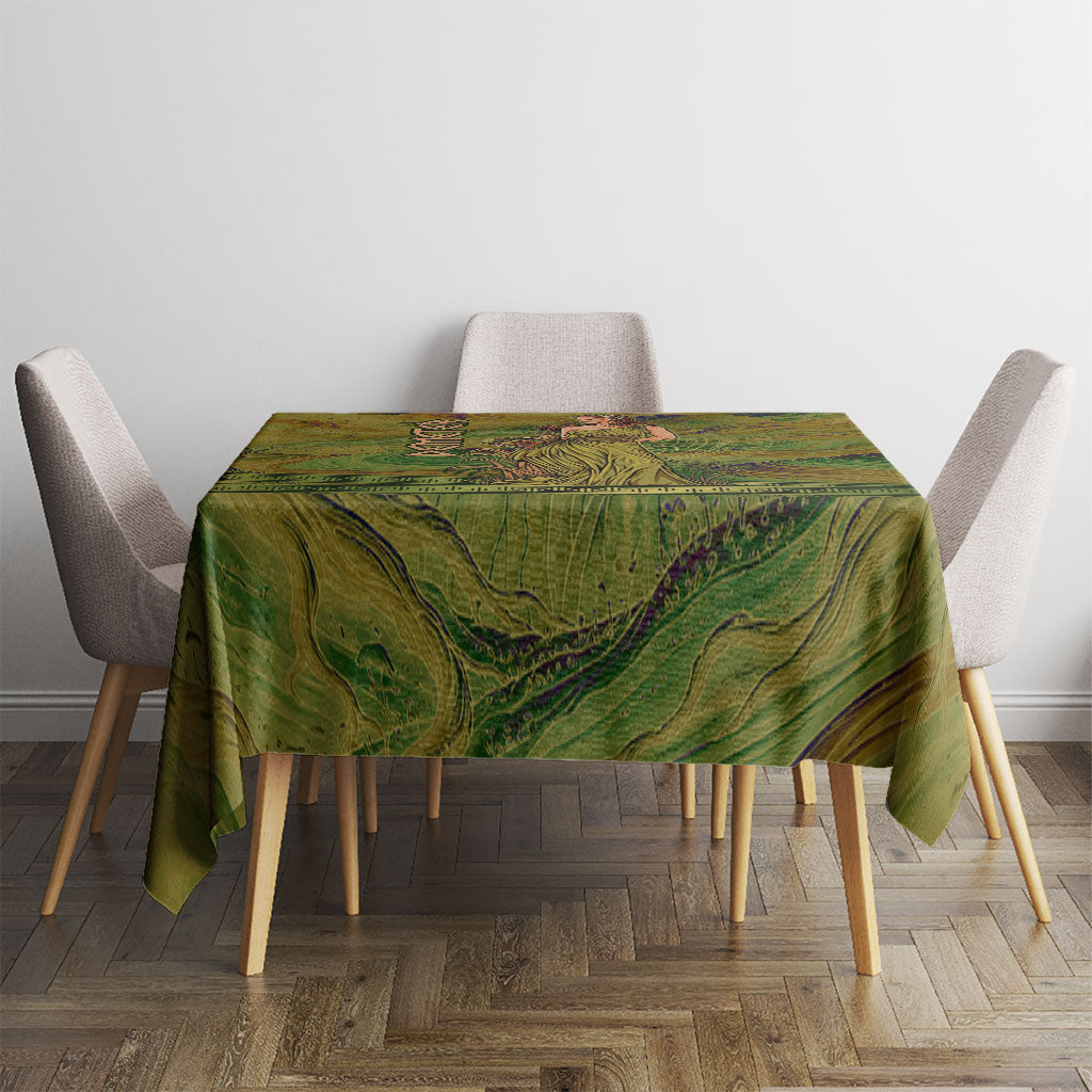 Demeter Goddess Of Spring Tablecloth Olive Green Gold Greek Key Pattern Cornucopia