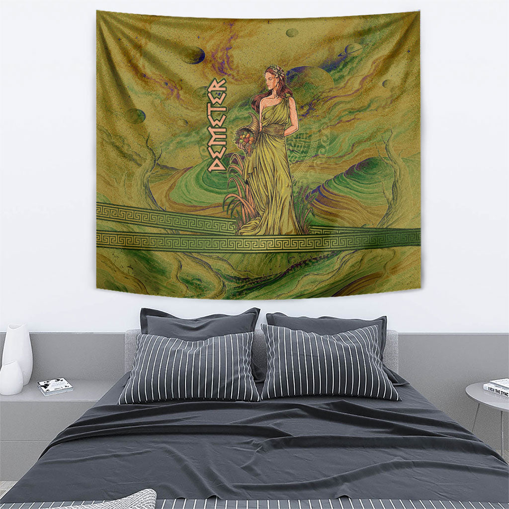 Demeter Goddess Of Spring Tapestry Olive Green Gold Greek Key Pattern Cornucopia