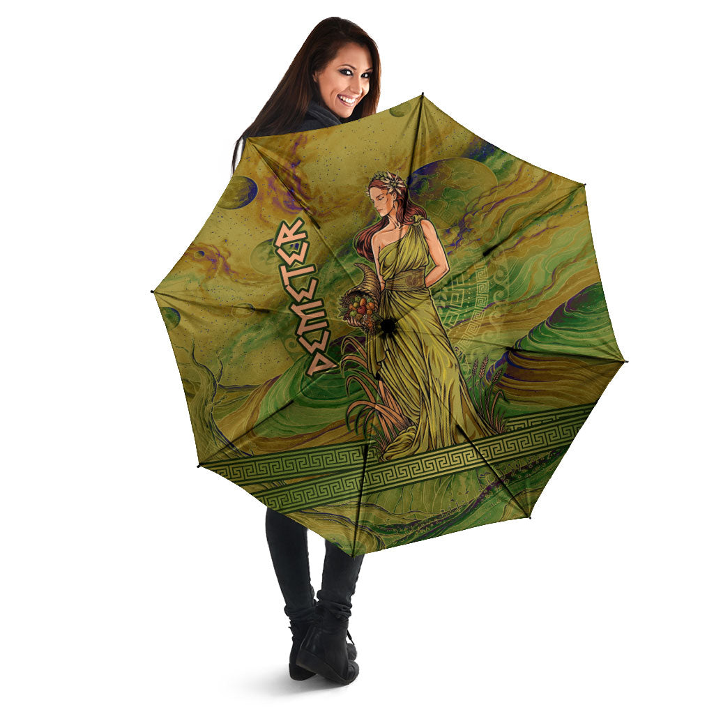 Demeter Goddess Of Spring Umbrella Olive Green Gold Greek Key Pattern Cornucopia