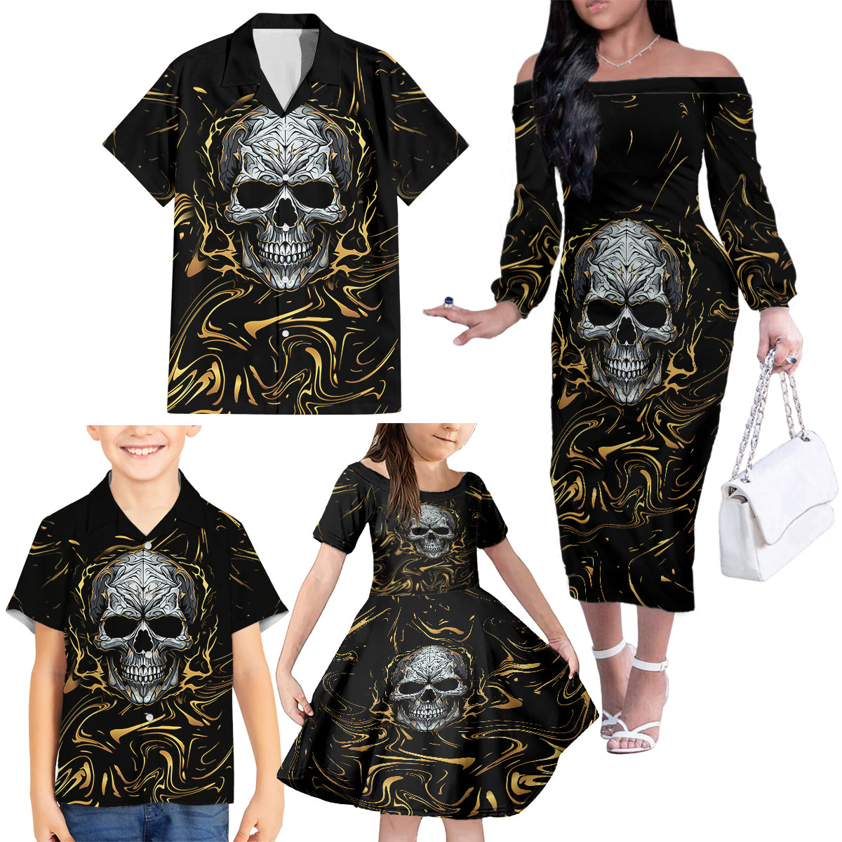 Skull Mable Golden Abstract Art Family Matching Off Shoulder Long Sleeve Dress and Hawaiian Shirt Fuck You Excuses Learn To Admit When You Fuck Up - Wonder Print Shop