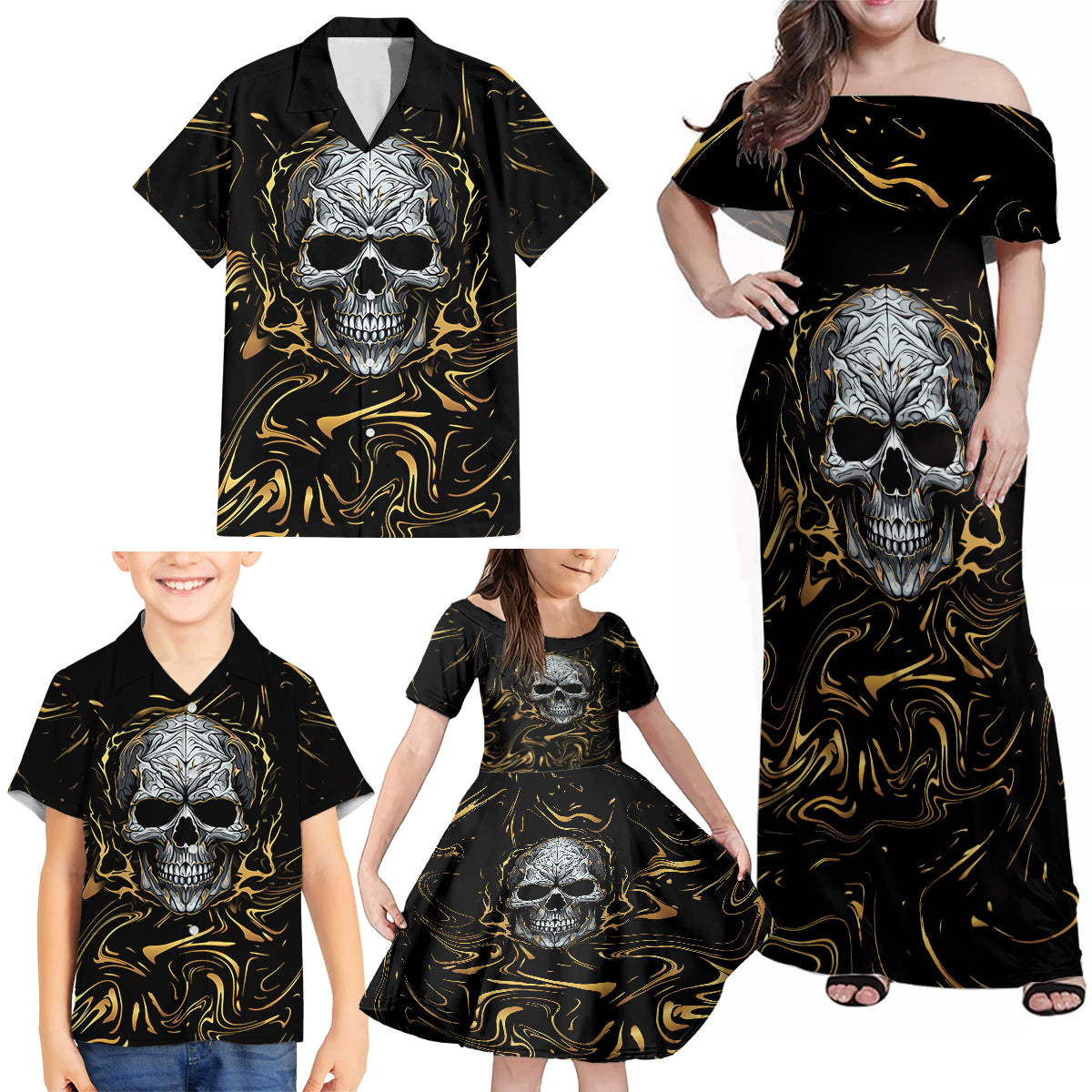 Skull Mable Golden Abstract Art Family Matching Off Shoulder Maxi Dress and Hawaiian Shirt Fuck You Excuses Learn To Admit When You Fuck Up - Wonder Print Shop