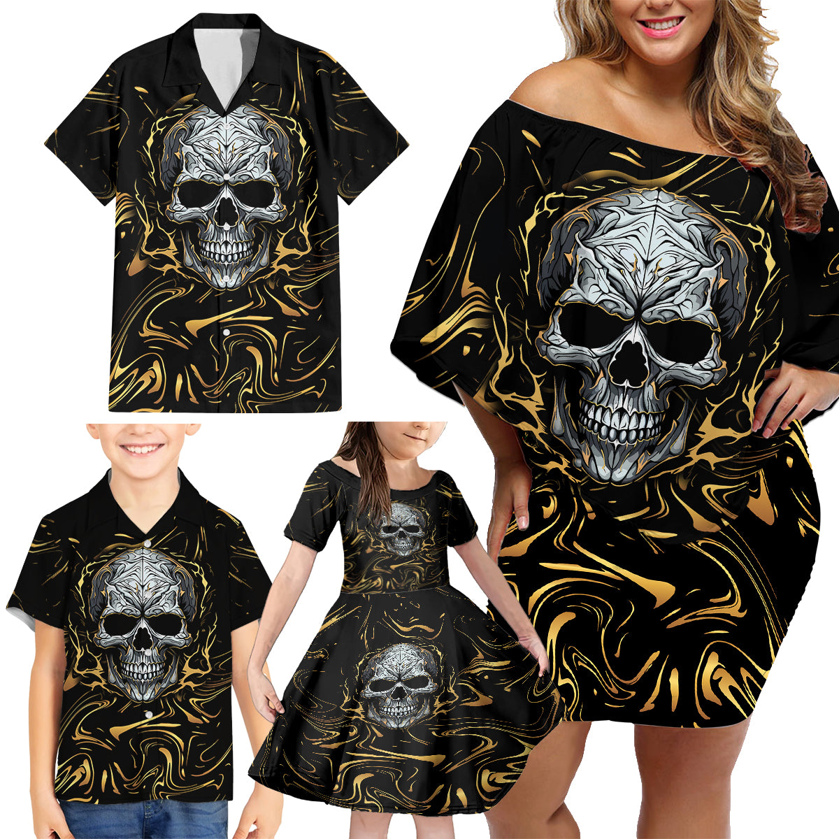 Skull Mable Golden Abstract Art Family Matching Off Shoulder Short Dress and Hawaiian Shirt Fuck You Excuses Learn To Admit When You Fuck Up - Wonder Print Shop