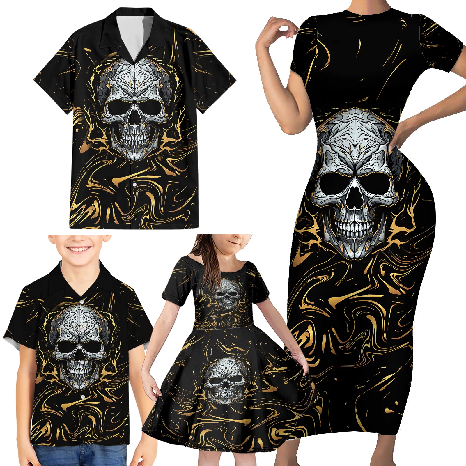 Skull Mable Golden Abstract Art Family Matching Short Sleeve Bodycon Dress and Hawaiian Shirt Fuck You Excuses Learn To Admit When You Fuck Up - Wonder Print Shop