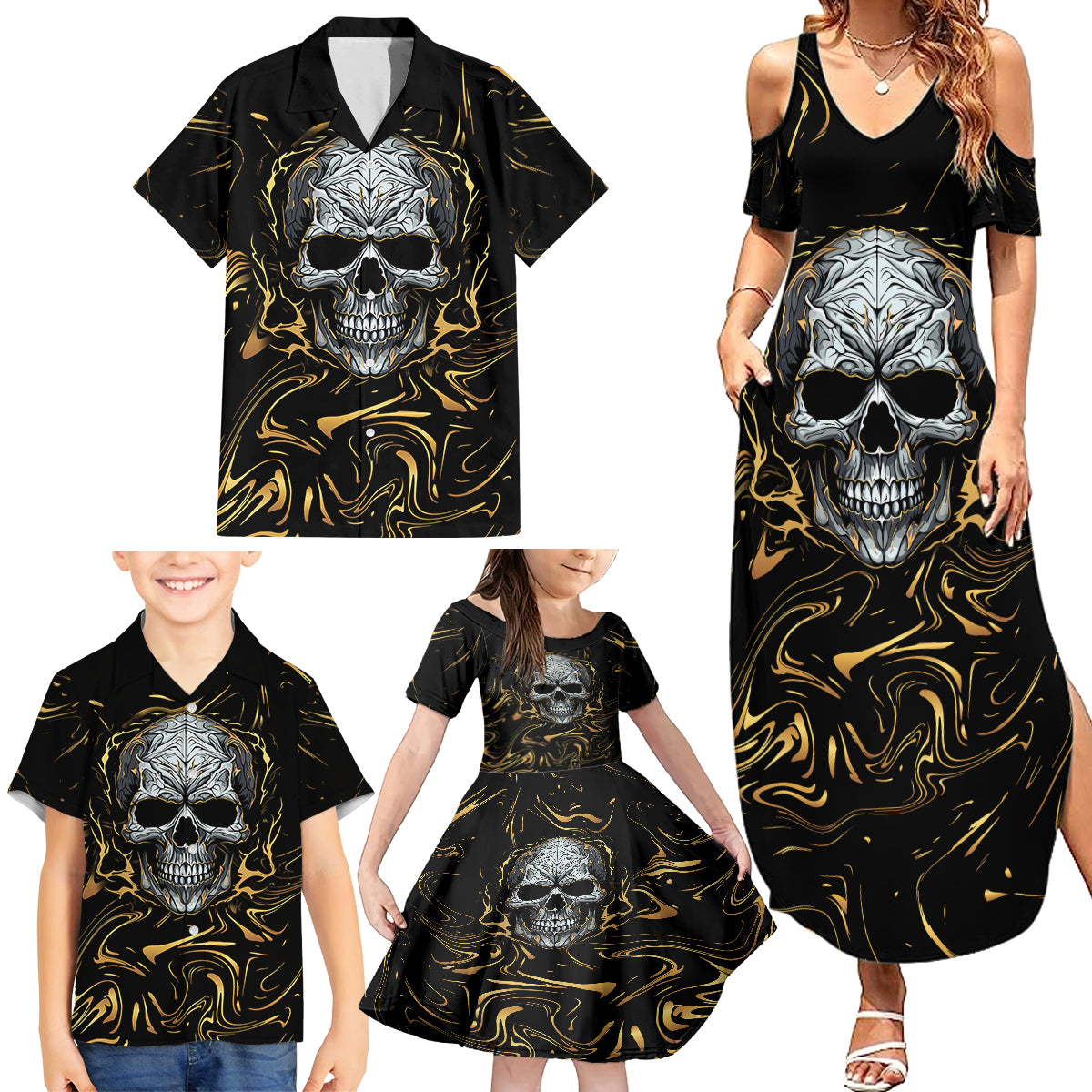 Skull Mable Golden Abstract Art Family Matching Summer Maxi Dress and Hawaiian Shirt Fuck You Excuses Learn To Admit When You Fuck Up - Wonder Print Shop