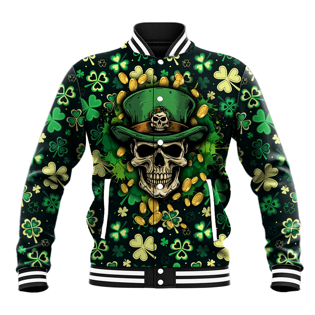 Green baseball jacket with skull, shamrock and coins graphic, striped ribbed trim.
