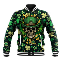 Green baseball jacket with skull, shamrock and coins graphic, striped ribbed trim.