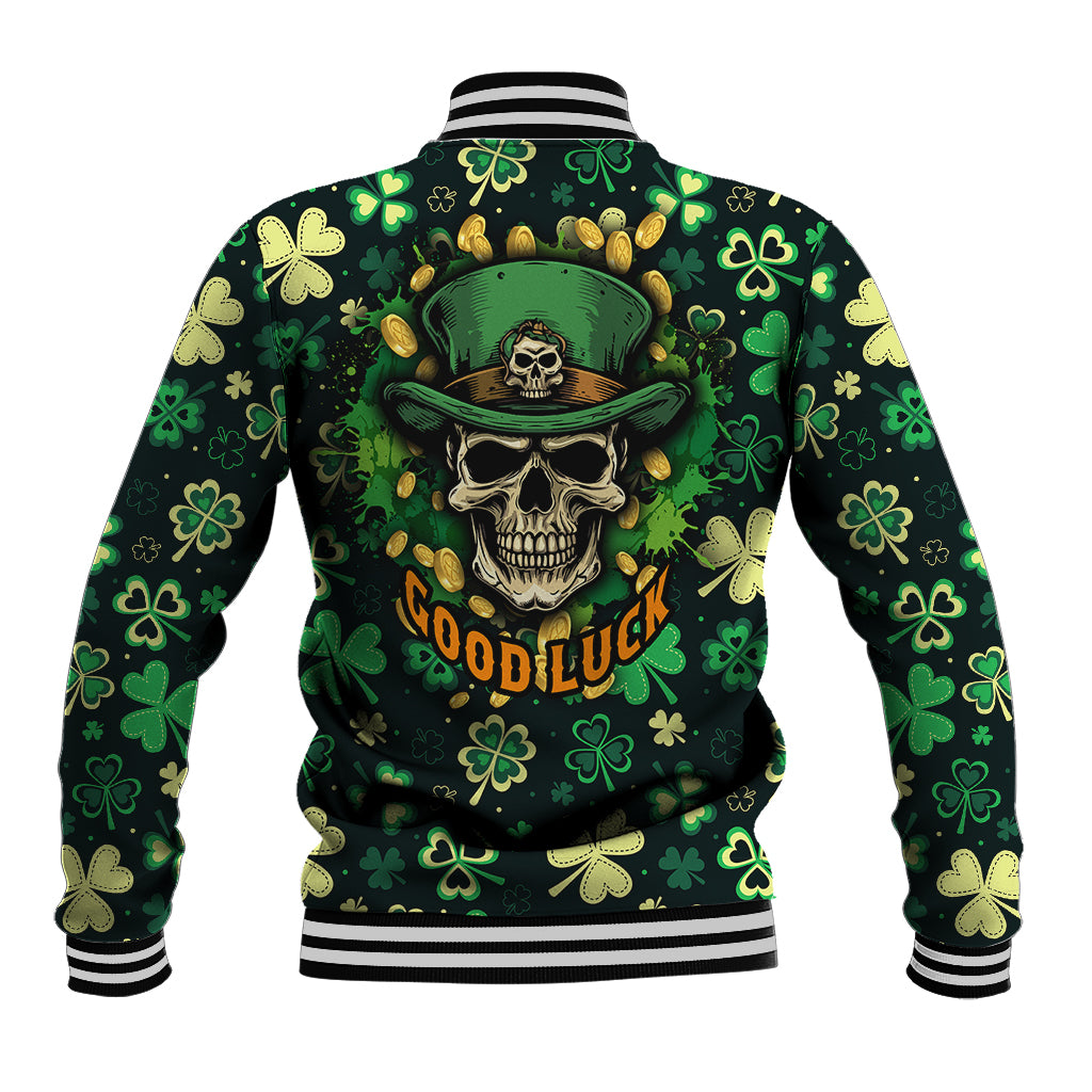 Green baseball jacket with back skull-and-hat shamrock graphic and 'Good Luck' text.
