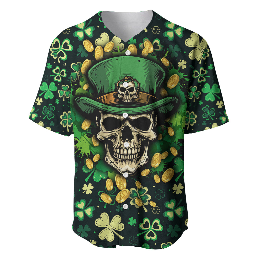 Green skull-and-shamrock baseball jersey with hat graphic and gold clover pattern