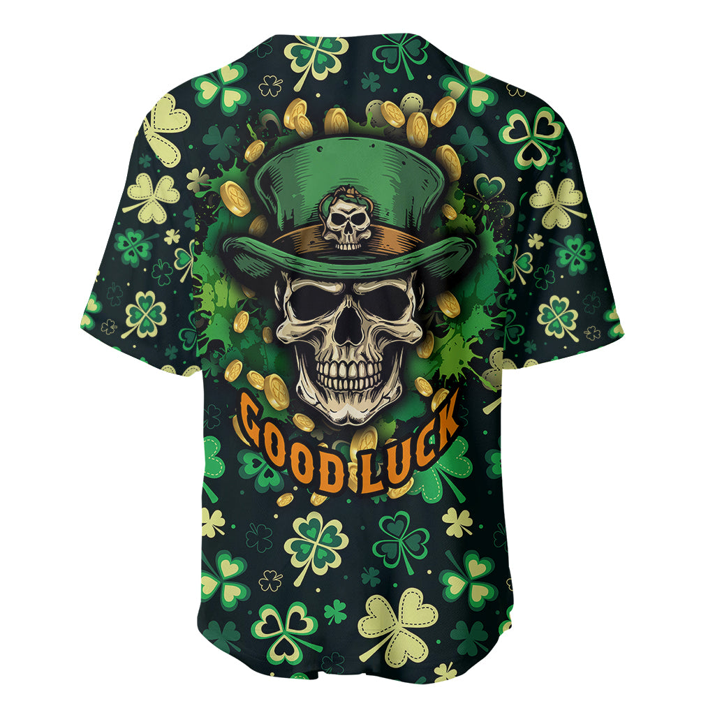 Green baseball jersey, back view, skull in hat with shamrocks and gold coin accents