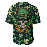 Green baseball jersey, back view, skull in hat with shamrocks and gold coin accents