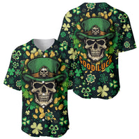 Green baseball jersey showing front and back, skull hat graphic with shamrock pattern