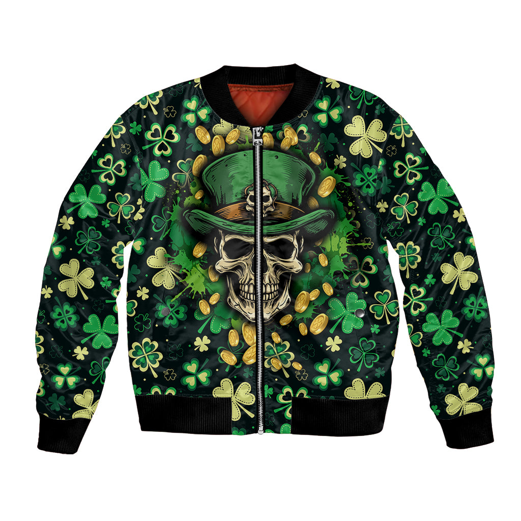 Green and black bomber jacket with skull, shamrocks pattern, and gold zipper front