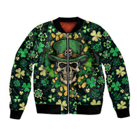 Green and black bomber jacket with skull, shamrocks pattern, and gold zipper front