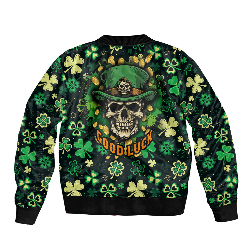 Black and green bomber jacket with skull, shamrocks, and Good Luck graphic