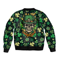 Black and green bomber jacket with skull, shamrocks, and Good Luck graphic