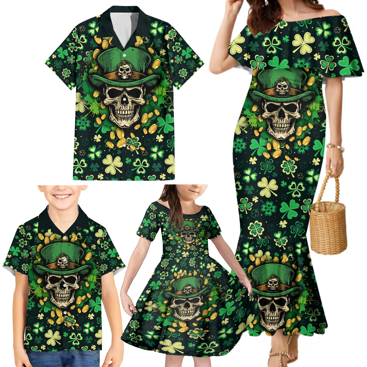 Skull and Shamrock Leaf Pattern Family Matching Mermaid Dress and Hawaiian Shirt Good Luck - Wonder Print Shop