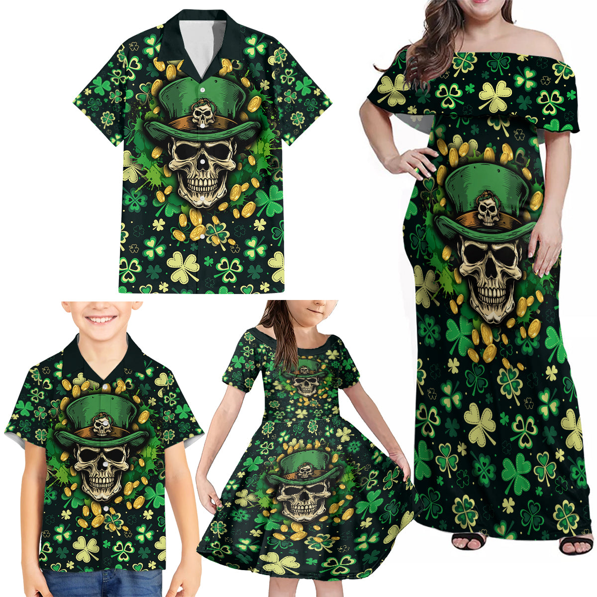 Skull and Shamrock Leaf Pattern Family Matching Off Shoulder Maxi Dress and Hawaiian Shirt Good Luck - Wonder Print Shop