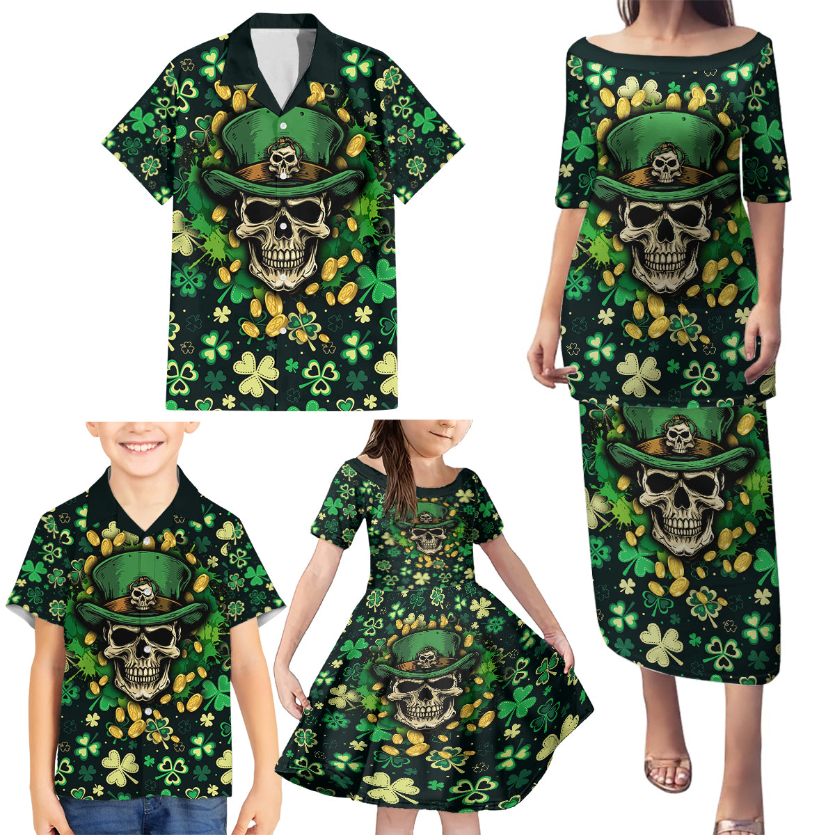 Skull and Shamrock Leaf Pattern Family Matching Puletasi Dress and Hawaiian Shirt Good Luck - Wonder Print Shop