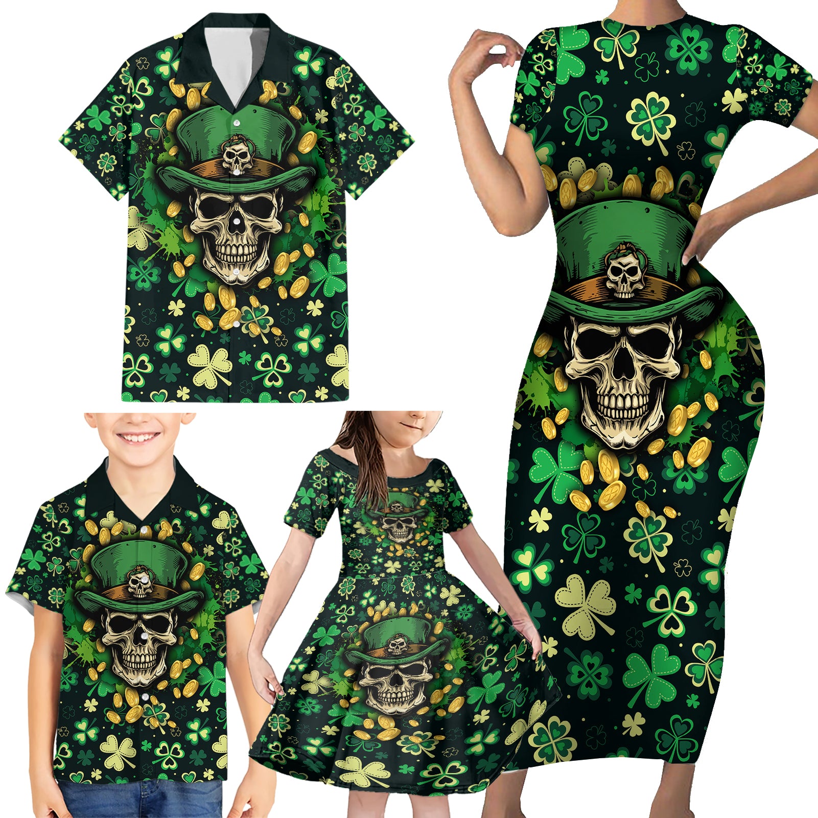 Skull and Shamrock Leaf Pattern Family Matching Short Sleeve Bodycon Dress and Hawaiian Shirt Good Luck - Wonder Print Shop