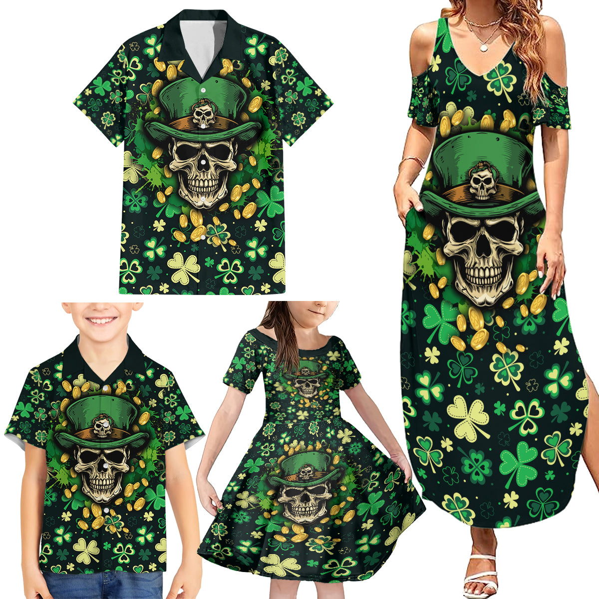 Skull and Shamrock Leaf Pattern Family Matching Summer Maxi Dress and Hawaiian Shirt Good Luck - Wonder Print Shop