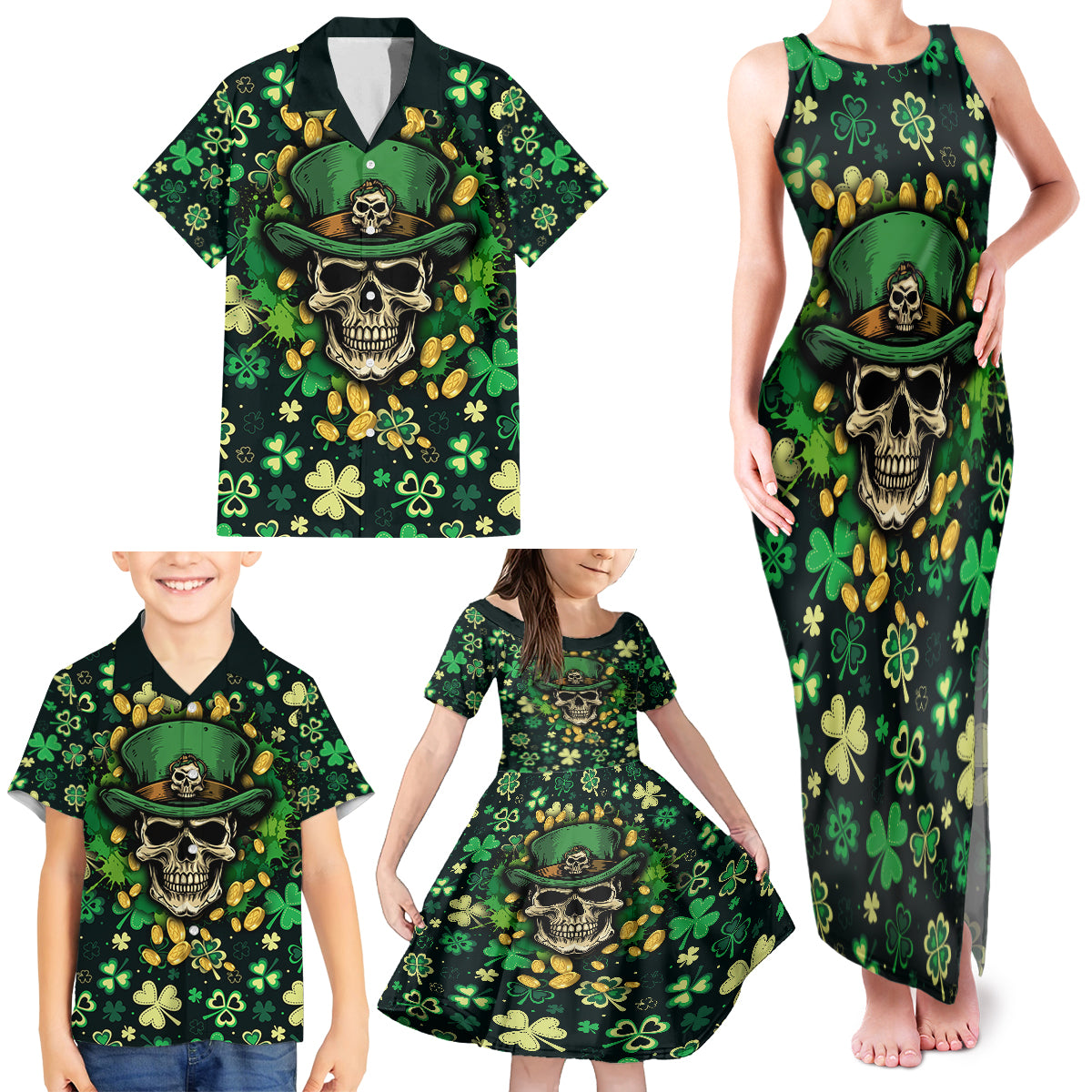 Skull and Shamrock Leaf Pattern Family Matching Tank Maxi Dress and Hawaiian Shirt Good Luck - Wonder Print Shop