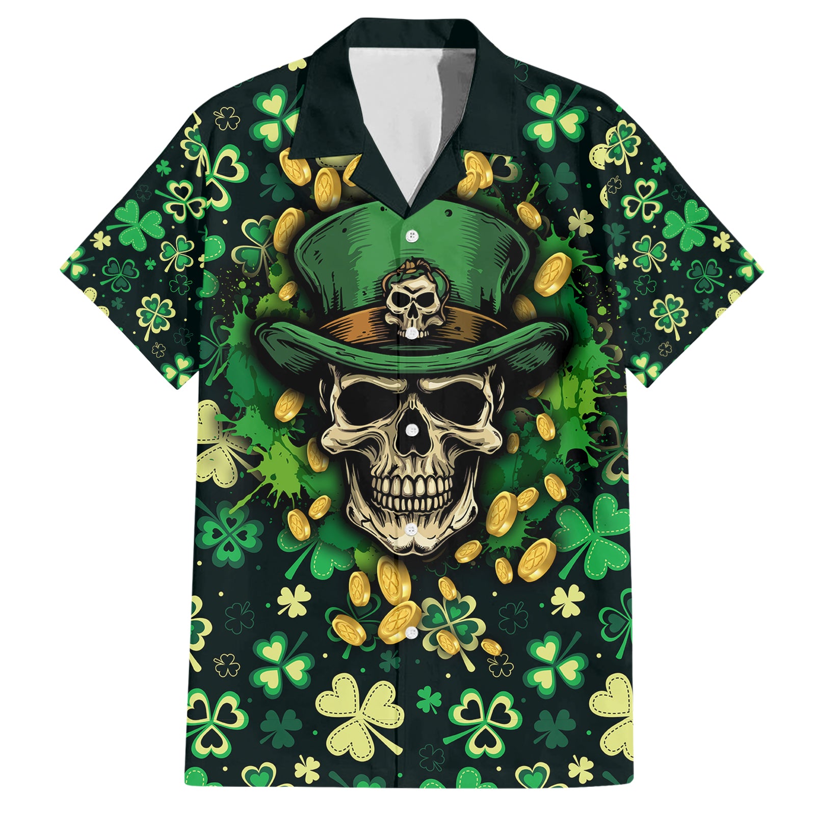 Skull and Shamrock Leaf Pattern Hawaiian Shirt Good Luck - Wonder Print Shop