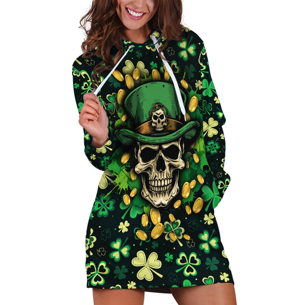 Skull and Shamrock Leaf Pattern Hoodie Dress Good Luck - Wonder Print Shop