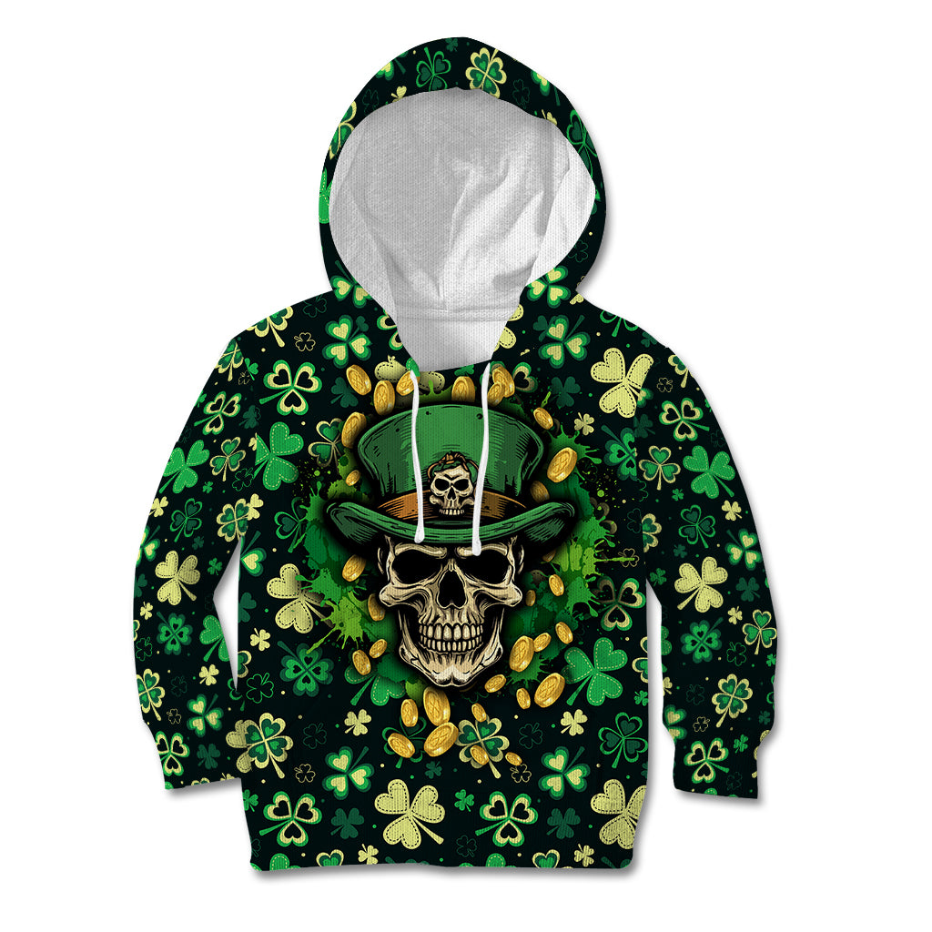 Skull and Shamrock Leaf Pattern Kid Hoodie Good Luck - Wonder Print Shop