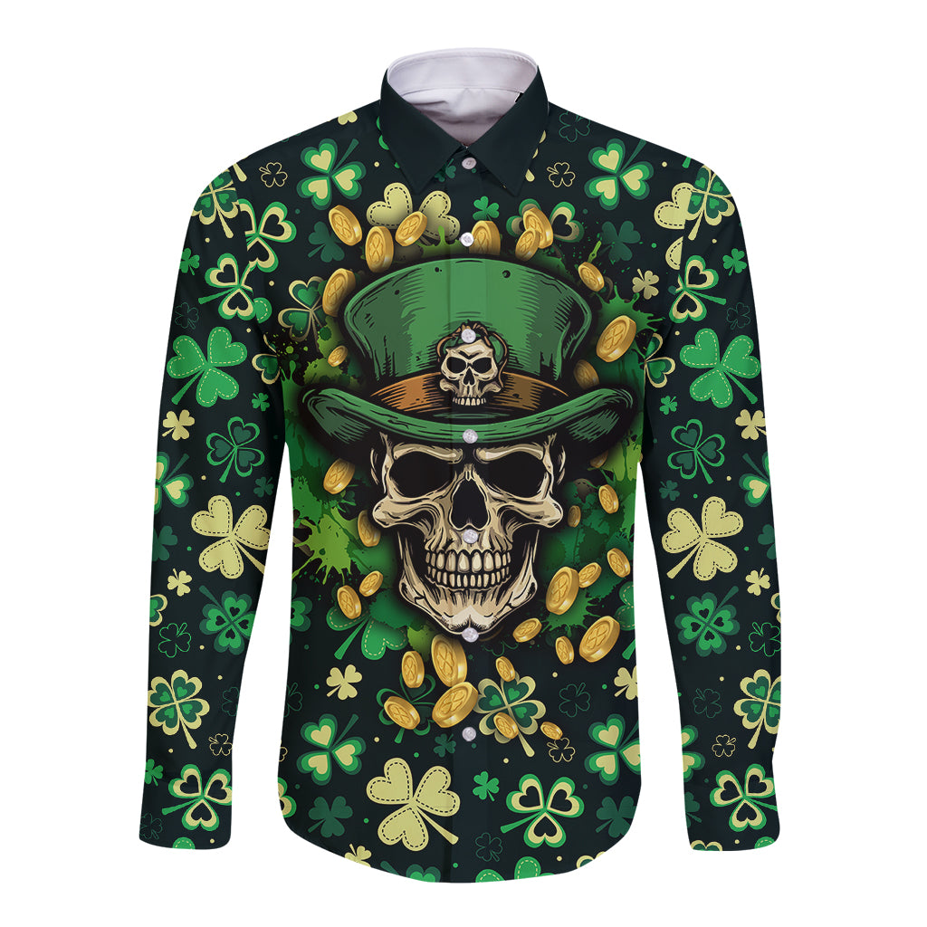 Long-sleeve button shirt, dark green shamrock skull front graphic