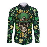 Long-sleeve button shirt, dark green shamrock skull front graphic