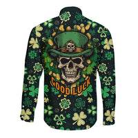 Long-sleeve button shirt, dark green shamrock skull back graphic with Good Luck
