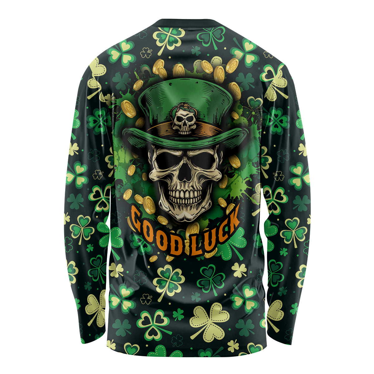 Green long-sleeve shirt back with skull, sombrero, shamrocks, and Good Luck text