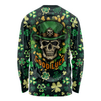 Green long-sleeve shirt back with skull, sombrero, shamrocks, and Good Luck text