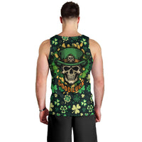 Men's green tank top, back view, skull and shamrock leaf design with 'Good Luck'